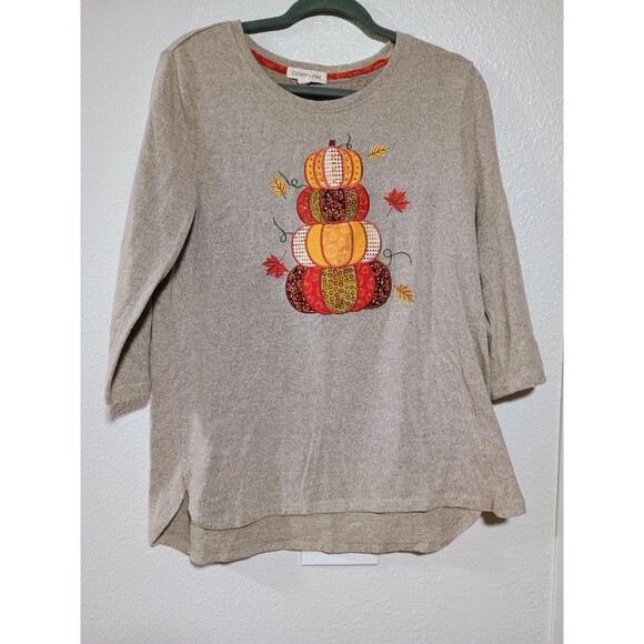 Clover and Pine Pumpkin Fall Appliqué Embroidered 3/4 Sleeve Pullover Tunic L - Picture 2 of 6